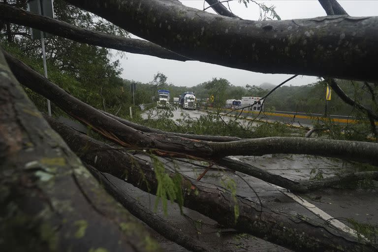 Camiones parados en una carretera bloqueada por un deslizamiento de tierra provocado por el huracán Otis cerca de Acapulco, México, miércoles 25 de octubre de 2023. (AP Photo/Marco Ugarte)