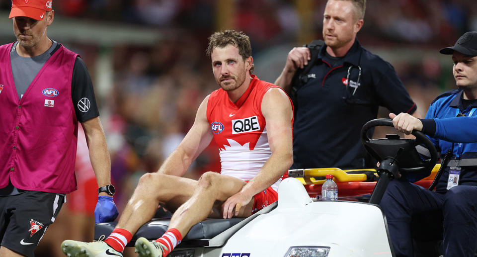 Seen here, Swans star Harry Cunningham comes from the field against Essendon.