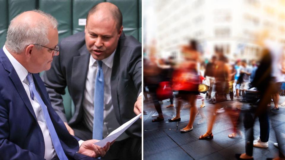 Pictured: Josh Frydenberg, Scott Morrison. Blurred image of pedestrians. Images: Getty