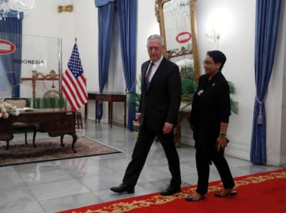 U.S. Secretary of Defense Jim Mattis is greeted by Indonesia's Minister of Foreign Affairs Retno Marsudi at the Foreign Ministry in Jakarta, Indonesia January 22, 2018. REUTERS/Darren Whiteside