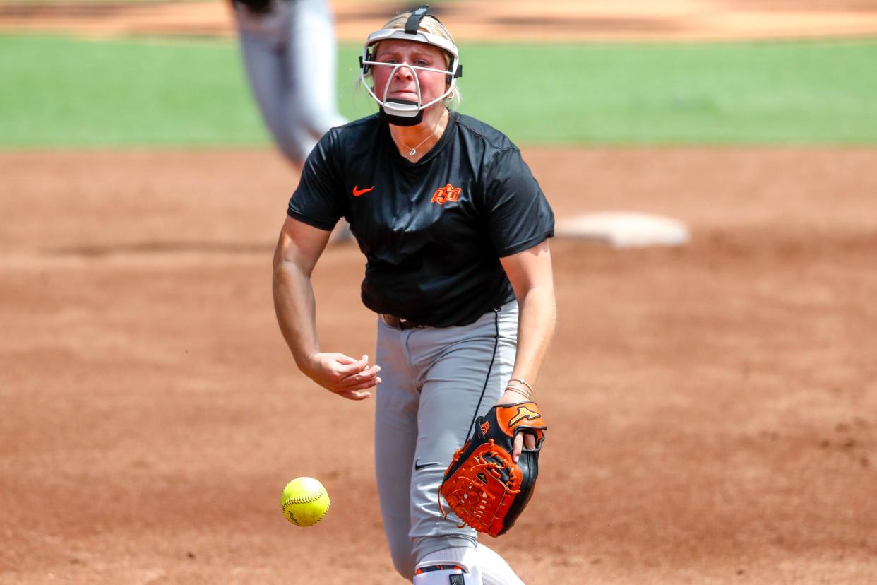 Oklahoma State pitcher Ivy Rosenberry (41) pitches during a OSU softball practice in Stillwater, Okla., on Thursday, May 18, 2023.