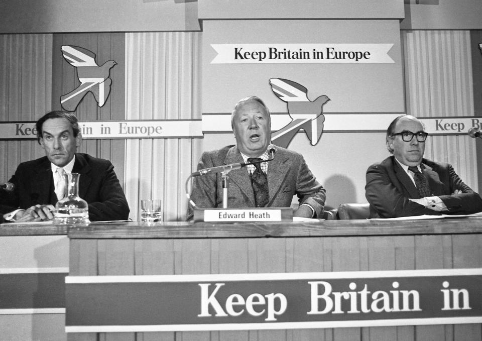 FILE - In this May 13, 1975 file photo, Edward Heath, former leader of the Conservative Party, center, with Jeremy Thorpe, leader of the Liberal Party, left, and Roy Jenkins, the Labour Party's Home Secretary at the first Britain in Europe press conference at the Waldorf Hotel in London. The referendum on Britain's membership of what was then called the European Economic Community saw a convincing majority in favor of remaining in the bloc. Following a different outcome in the referendum of June 2016, Britain is to leave what became the European Union on Jan. 31 after 47 years of membership. (AP Photo/File)