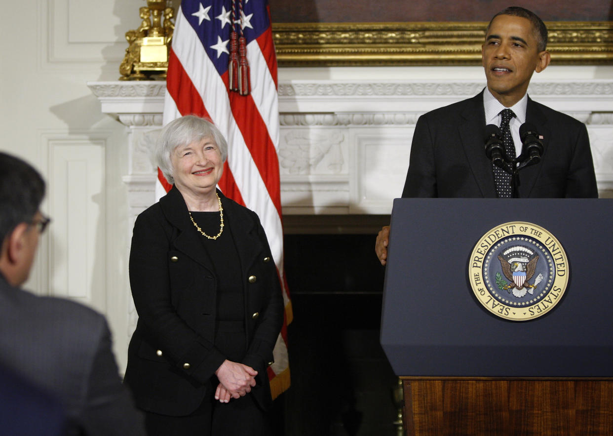 Janet Yellen (L) smiles after U.S. President Barack Obama announced her nomination to head the Federal Reserve at the White House in Washington October 9, 2013. U.S Federal Reserve Vice Chair Yellen said on Wednesday she would do her utmost to promote maximum employment, stable prices, and a strong and stable financial system if she is confirmed by the U.S. Senate to run the central bank.The nomination puts Yellen on course to be the first woman to lead the institution in its 100-year history.   REUTERS/Jonathan Ernst    (UNITED STATES - Tags: POLITICS BUSINESS)