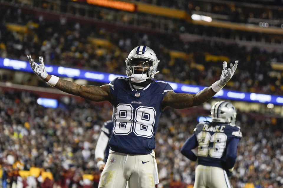 Dallas Cowboys wide receiver CeeDee Lamb (88) celebrating his touchdown against the Washington Commanders during the first half of an NFL football game, Sunday, Jan. 7, 2024, in Landover, Md. (AP Photo/Jessica Rapfogel)