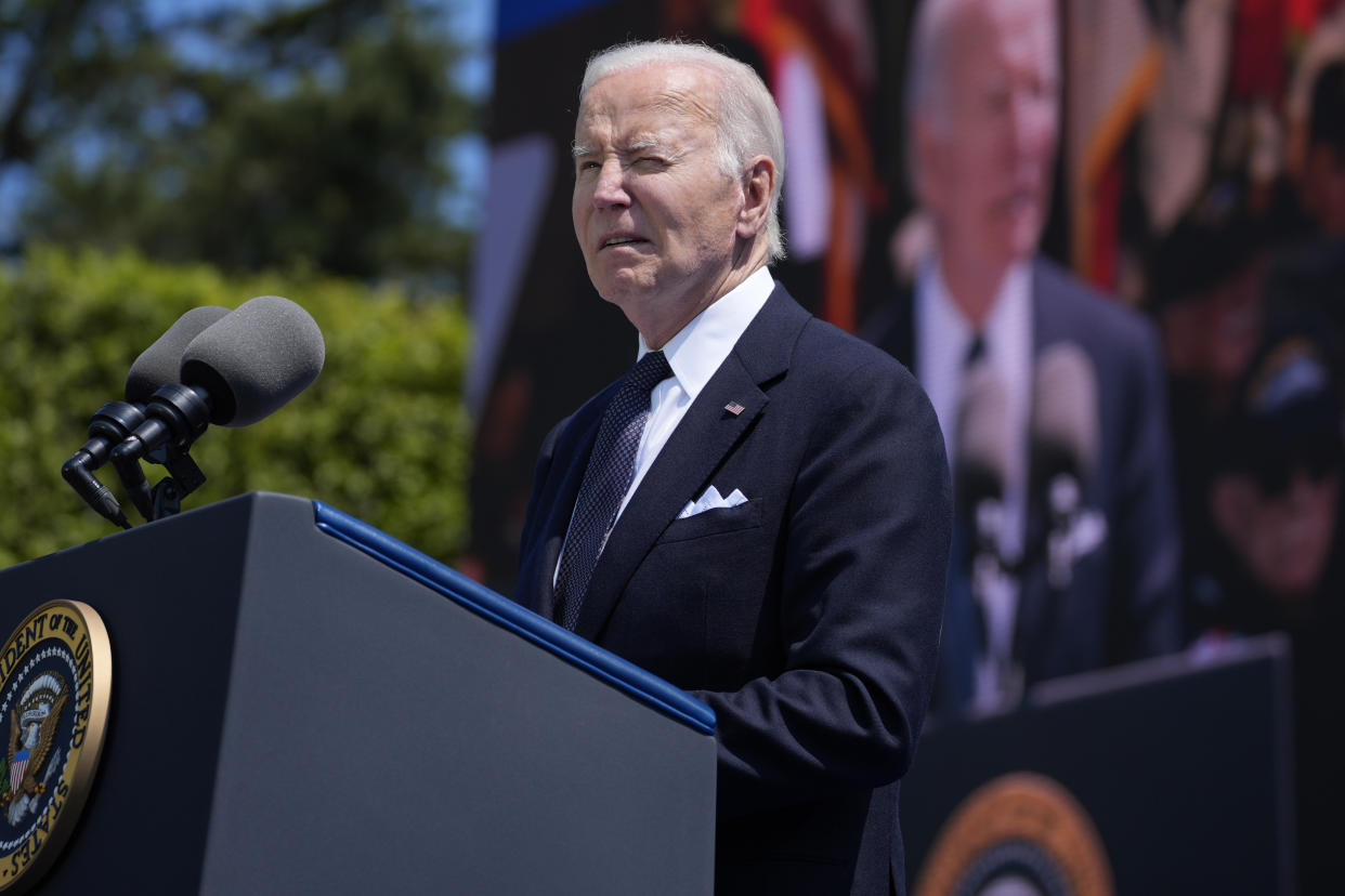 President Joe Biden speaks during ceremonies to mark the 80th anniversary of D-Day.