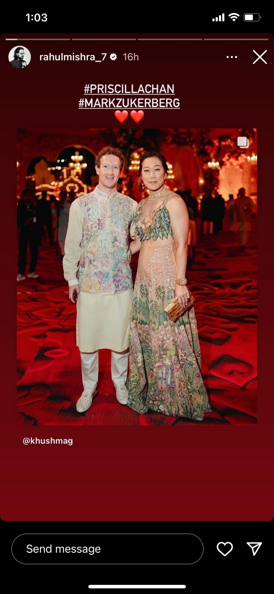 Screenshot of Mark Zuckerberg and Priscilla Chan on Rahul Mishra's Instagram Story.
