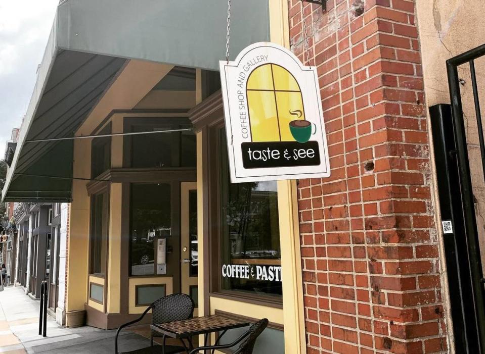 Taste & See Coffee Shop, located in downtown Macon, boasts a fireplace room, quiet little nooks with comfortable seating, wide open spaces, a meeting room, and outdoor seating in the alley with an outdoor fire pit.