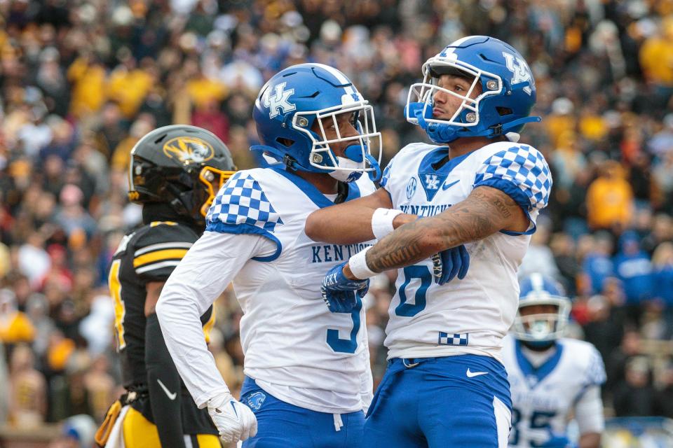 Nov 5, 2022; Columbia, Missouri, USA; Kentucky Wildcats wide receiver Dane Key (6) celebrates in the end zone after scoring during the first quarter against the Missouri Tigers  at Faurot Field at Memorial Stadium. Mandatory Credit: William Purnell-USA TODAY Sports