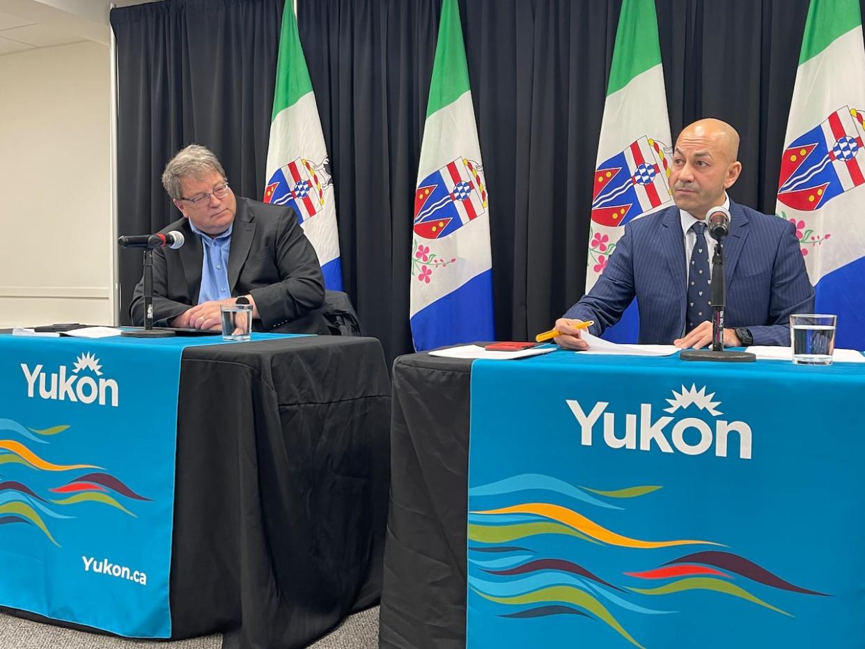 Ken Coates, chair of the Yukon Arctic Security Advisory Council, right, with Yukon Premier Ranj Pillai, announcing the creation of the advisory council on Thursday in Whitehorse. (Julien Gignac/CBC - image credit)