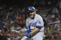 Los Angeles Dodgers' Max Muncy reacts during his at-bat in the sixth inning of a baseball game against the Washington Nationals, Monday, May 23, 2022, in Washington. Muncy hit a pop fly and was out. (AP Photo/Nick Wass)