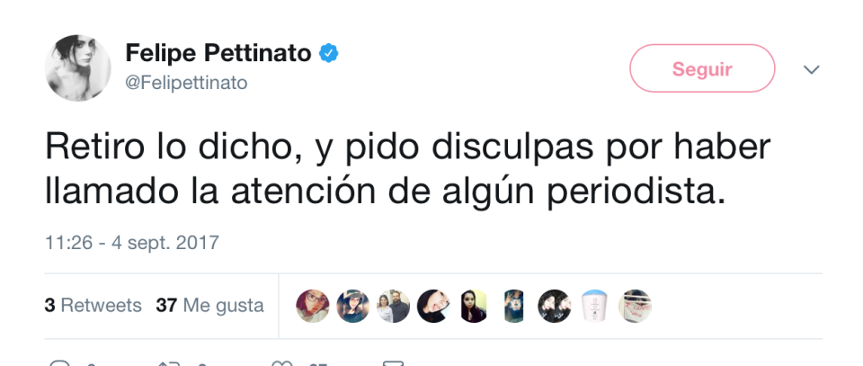 El arrepentimiento de Felipe Pettinato por el tweet apuntando contra su padre. Foto: captura Twitter.