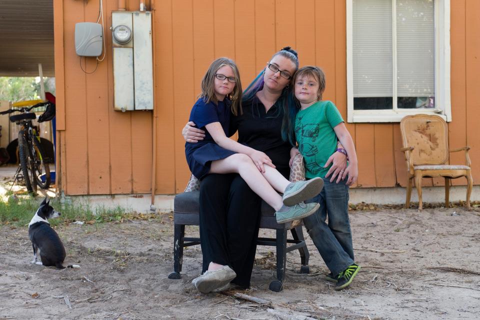 Doris Huser with her children Cordelia and Aden, Las Vegas Oct. 4, 2017.