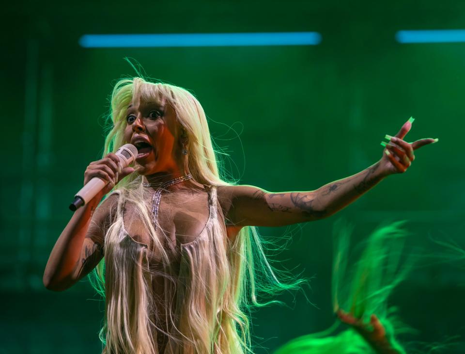 Doja Cat performs her headlining set on the Coachella Stage during the Coachella Valley Music and Arts Festival in Indio, Calif., Sunday, April 21, 2024.