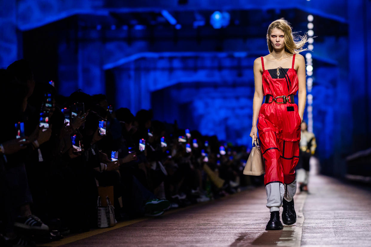 A model walks the runway during the Louis Vuitton Pre-Fall 2023 Show on the Jamsugyo Bridge at the Hangang River on April 29, 2023 in Seoul, South Korea. (Photo by Justin Shin/Getty Images)