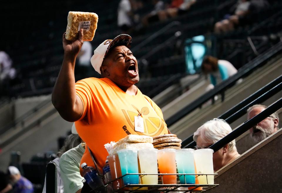 Vendor Derrick Moore makes his famous call to fans, lemonade like Grandma made at Chase Field.