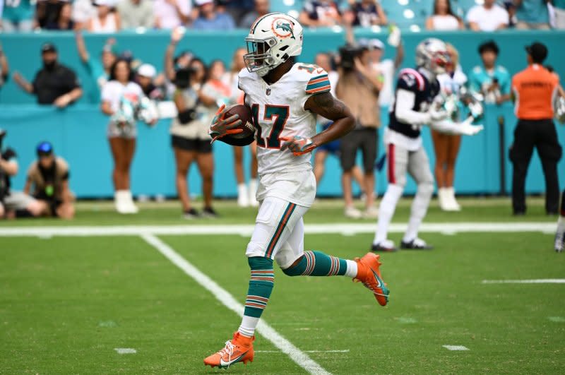 Miami Dolphins wide receiver Jaylen Waddle is dealing with a high-ankle injury. File Photo by Larry Marano/UPI