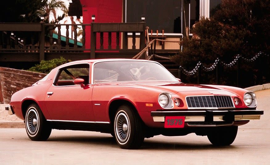 <p>With the excision of the Z/28, the most exciting thing about the 1975 Camaro was the new wraparound rear window that slightly—very slightly—increased rear visibility. This was the first year for catalytic converters, and the output of Camaro engines skidded downward. The six could wheeze out only 105 horsepower while the "big" 350 V-8 was rated at a miserable 145 horsepower when equipped with a two-barrel carburetor or 155 horsepower in California and high-altitude areas where a four-barrel arrested the decline.</p>