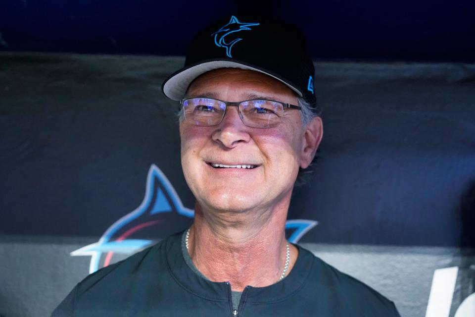 Former Miami Marlins manager Don Mattingly before the start of a game against the Atlanta Braves, Wednesday, Oct. 5, 2022, in Miami. (AP Photo/Wilfredo Lee)