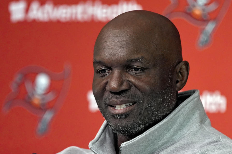 Tampa Bay Buccaneers head coach Todd Bowles speaks during an NFL football season ending news conference Monday, Jan. 22, 2024, in Tampa, Fla. The Buccaneers lost to the Detroit Lions in a divisional round game Sunday. (AP Photo/Chris O'Meara)