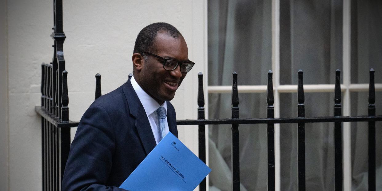 UK Chancellor of The Exchequer Kwasi Kwarteng leaves 11 Downing Street holding the government's mini-budget on September 23, 2022 in London, England.