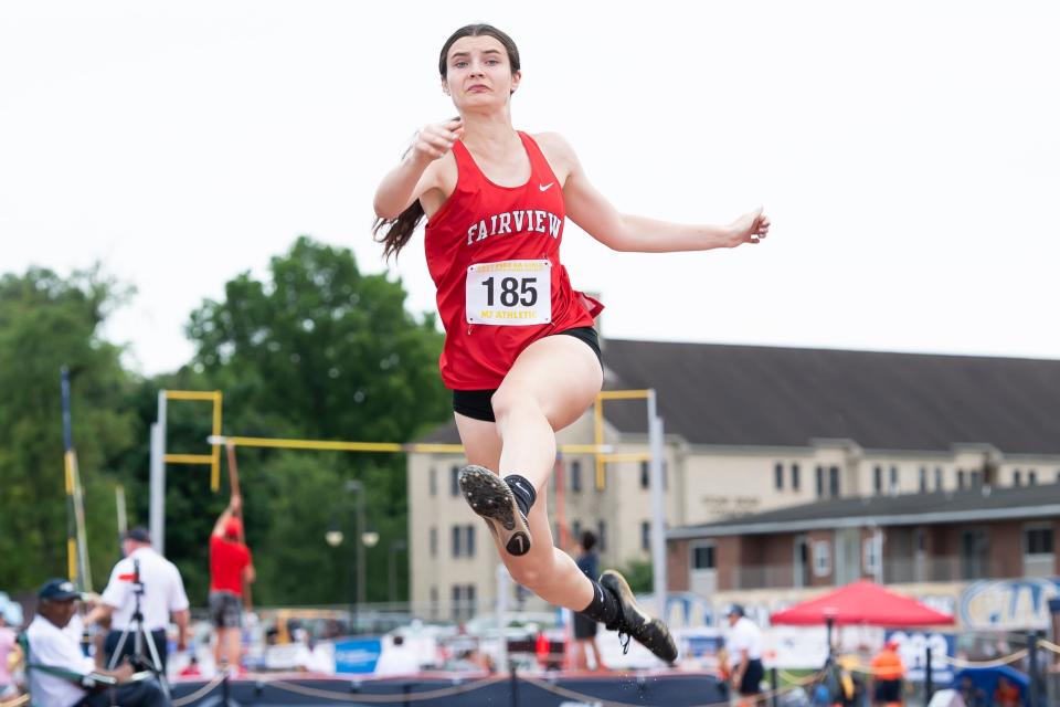 Fairview's Jen Hunter competes in the 2A girls' long jump at the PIAA Track and Field Championships at Shippensburg University on Friday, May 27, 2022.