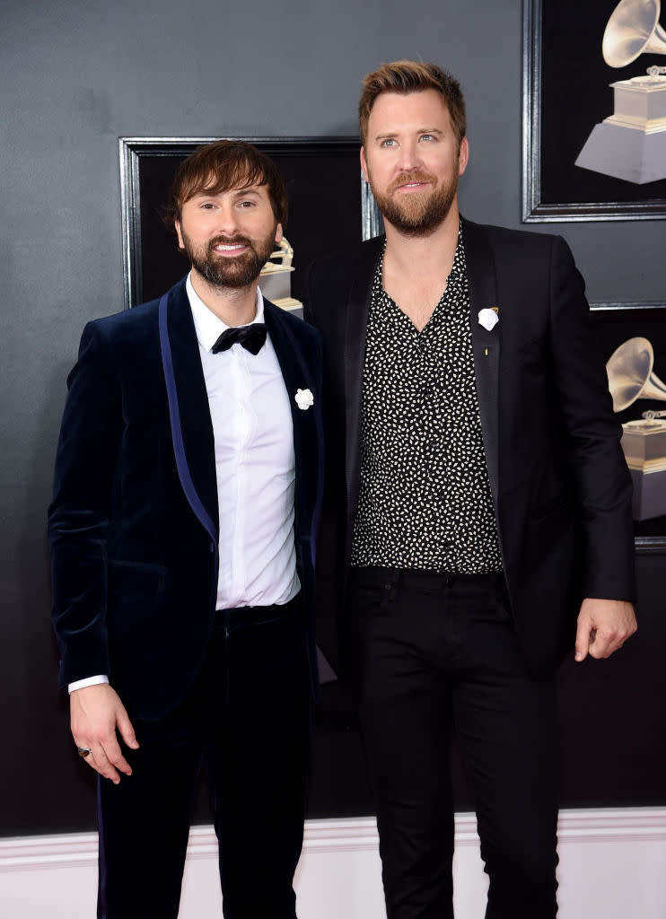 <p>Dave Haywood (left) and Charles Kelley of Lady Antebellum attend the 60th aAnnual Grammy Awards at Madison Square Garden in New York on Jan. 28, 2018. (Photo: Jamie McCarthy/Getty Images) </p>