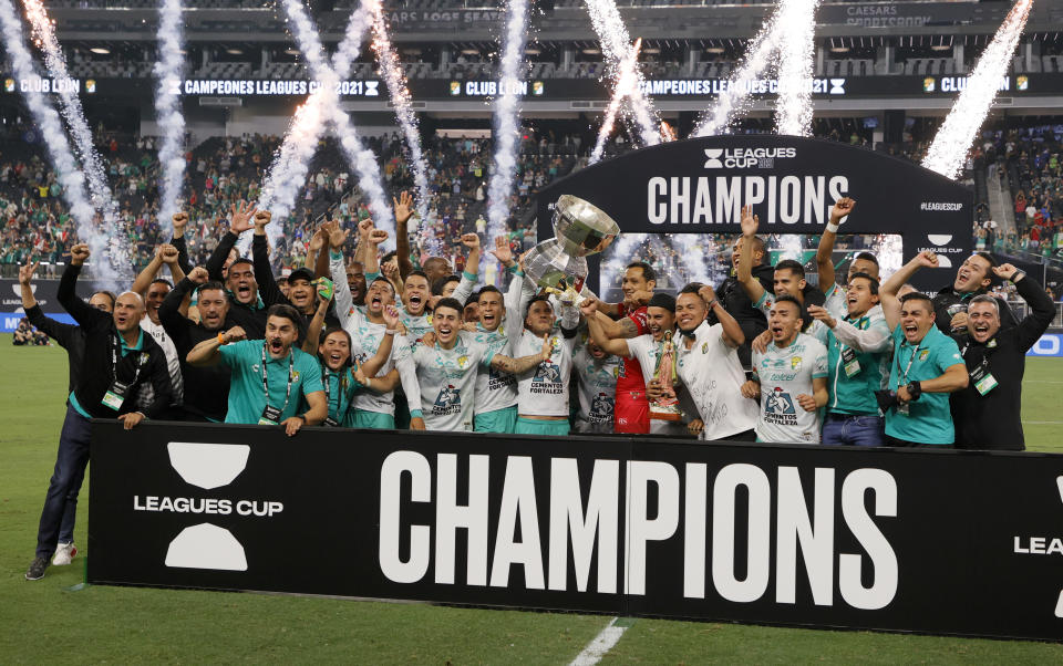 Leon celebrates after defeating the Seattle Sounders 3-2 to win the 2021 Leagues Cup on Sept. 22, 2021, at Allegiant Stadium in Las Vegas. (Photo by Ethan Miller/Getty Images)