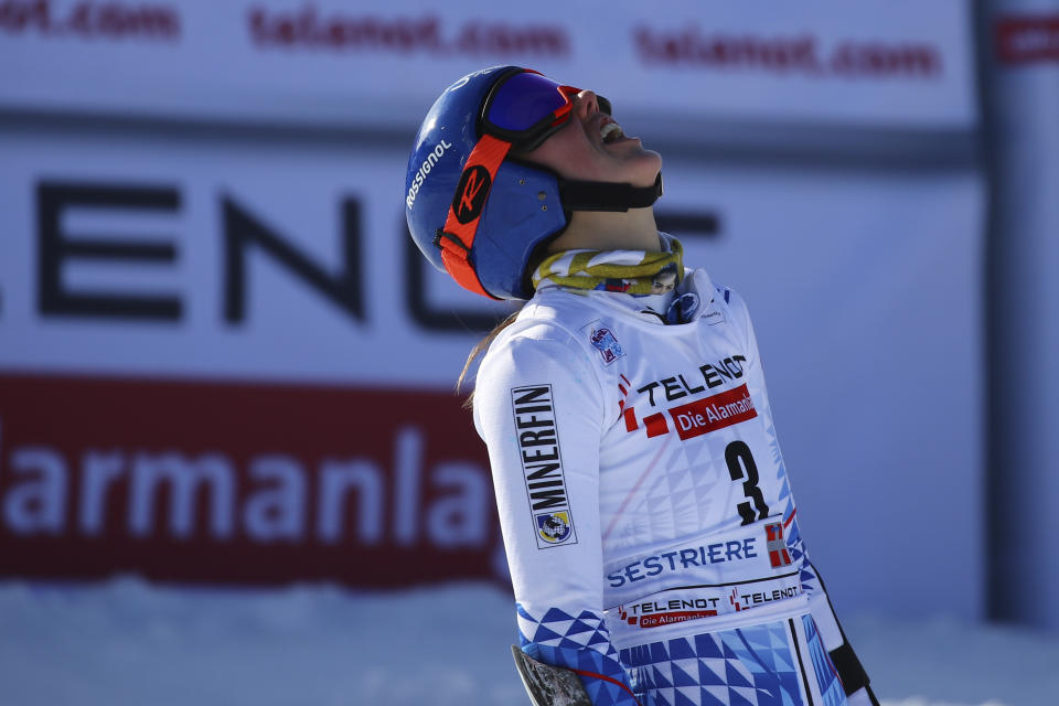 Slovakia's Petra Vlhova arrives at the finish area during an alpine ski, World Cup women's giant slalom in Sestriere, Italy, Saturday, Jan. 18, 2020. (AP Photo/Marco Trovati)