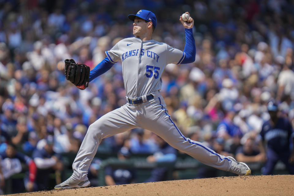 Kansas City Royals starting pitcher Cole Ragans throws during the first inning of a baseball game against the Chicago Cubs, Friday, Aug. 18, 2023, in Chicago. (AP Photo/Erin Hooley)