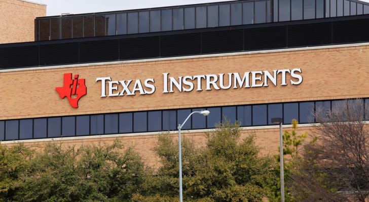 Texas Instruments (TXN) logo on its world headquarters located in Dallas, Texas.