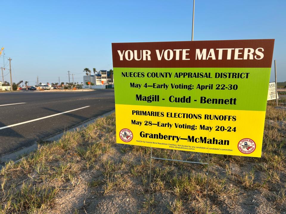 In this file photo, a sign informs people about upcoming elections for the Nueces County Appraisal District Board of Directors,.