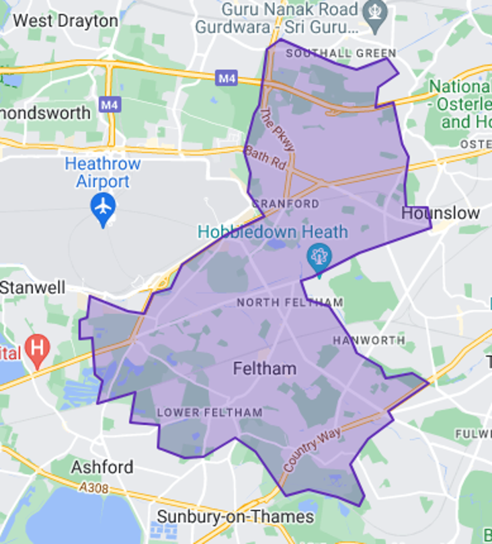 Map of the Feltham and Heston constituency (Google Maps)