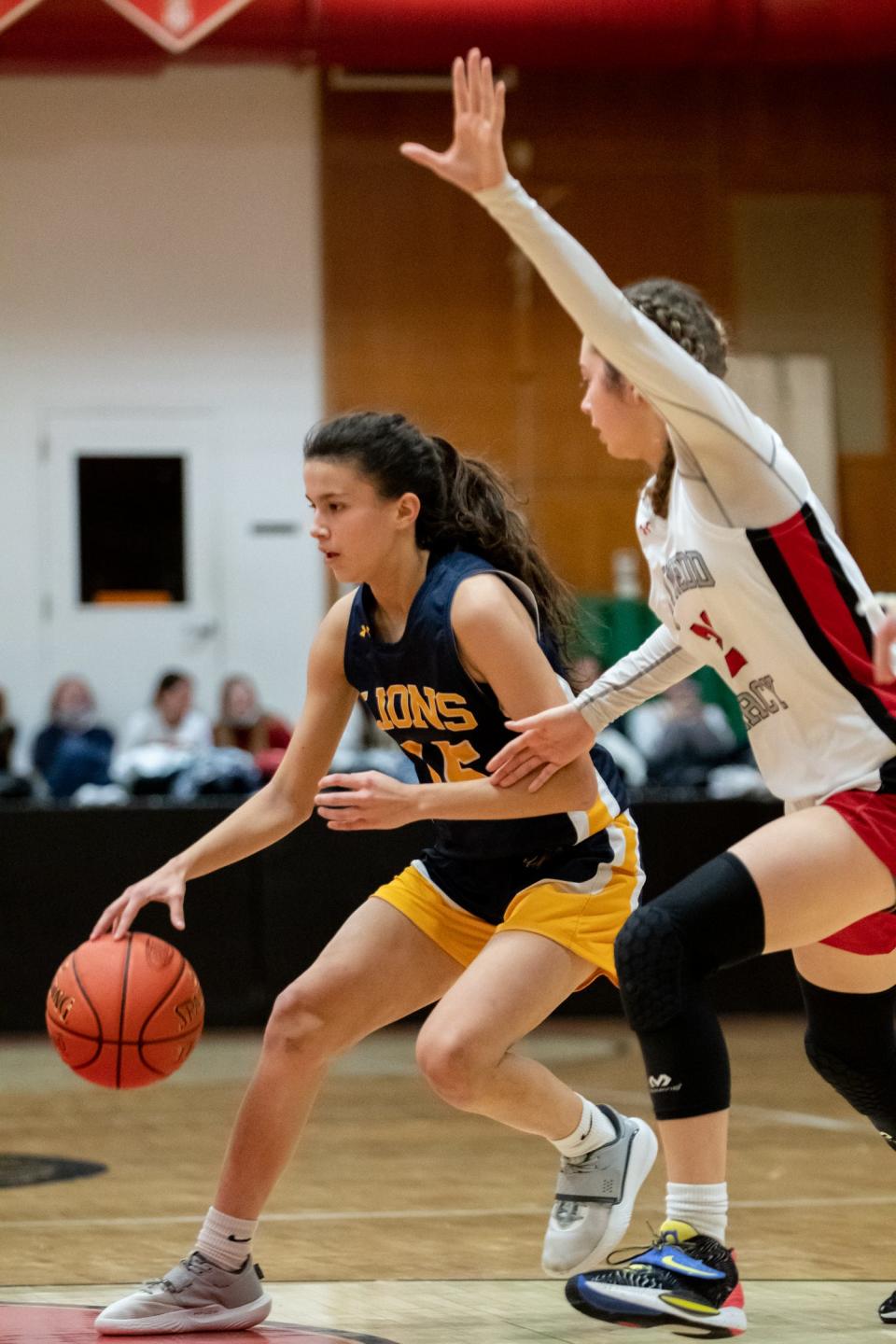 New Hope-Solebury's Izzy Elizondo dribbles while covered by Gwynedd Mercy's Sofia Coleman in a District One Class 4A semifinal game, on Tuesday, February 22, 2022, at Gwynedd Mercy Academy High School in Lower Gwynedd. The Monarchs advance to the title game after defeating the Lions 56-28.