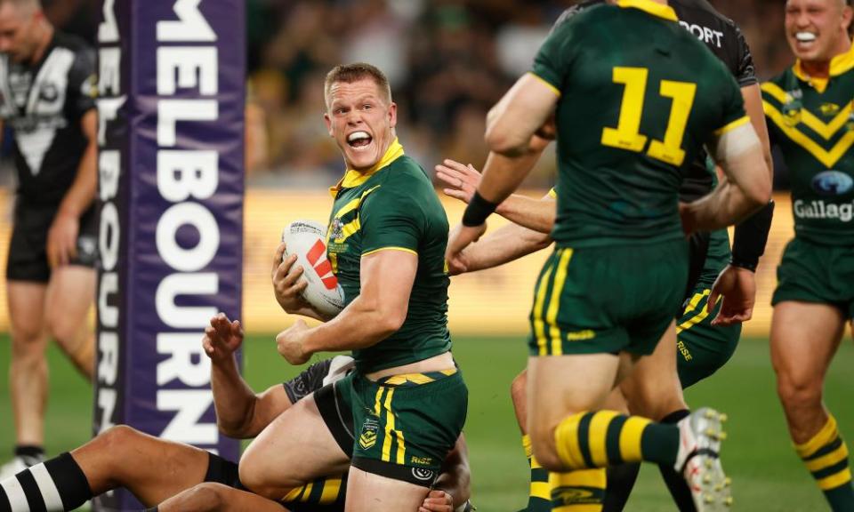 Lindsay Collins celebrates scoring a second try in the Pacific Championship match against New Zealand at AAMI Park.