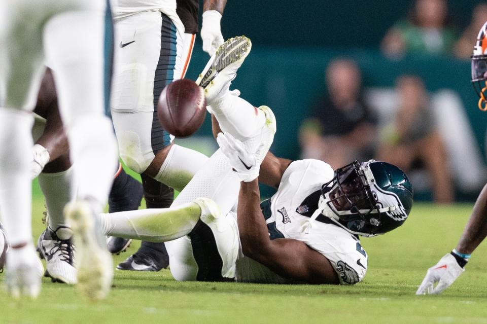 Aug 17, 2023; Philadelphia, Pennsylvania, USA; Philadelphia Eagles cornerback Zech McPhearson (27) grabs his lower leg after being injured during the second quarter against the Cleveland Browns at Lincoln Financial Field. Mandatory Credit: Bill Streicher-USA TODAY Sports