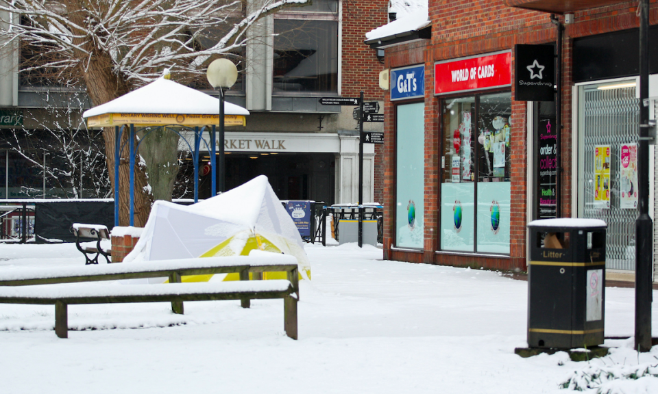 <em>A tent lies close to the bench in Salisbury where Mr Skripal and his daughter were found (PA)</em>
