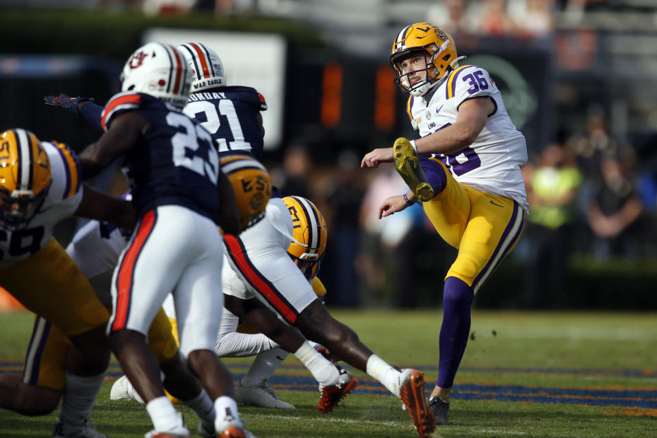 LSU placekicker Cade York (36) boots a field goal during the second quarter of an NCAA college football game against Auburn, Saturday, Oct. 31, 2020, in Auburn, Ala. (AP Photo/Butch Dill)