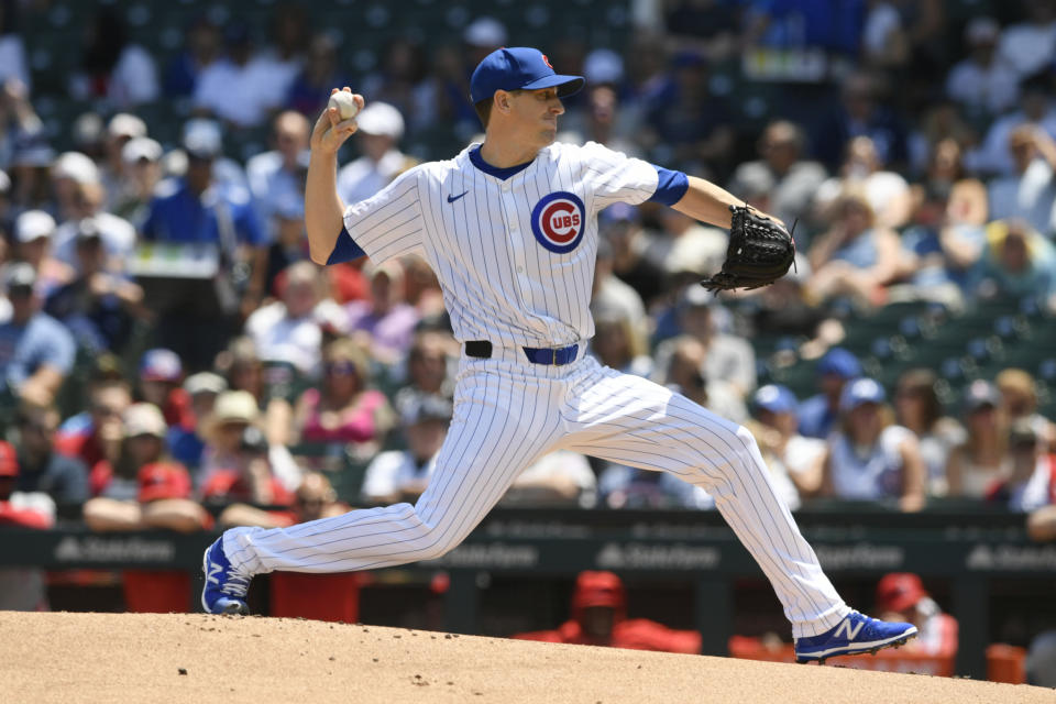 Chicago Cubs starter Kyle Hendricks delivers a pitch during the first inning of a baseball game against the Los Angeles Angels, Saturday, July 6, 2024, in Chicago. (AP Photo/Paul Beaty)