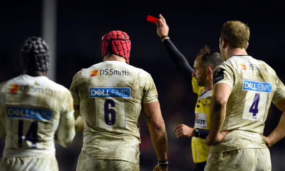 James Haskell, the Wasps No6, is sent off for a dangerous tackle on Harlequins’ Jamie Roberts