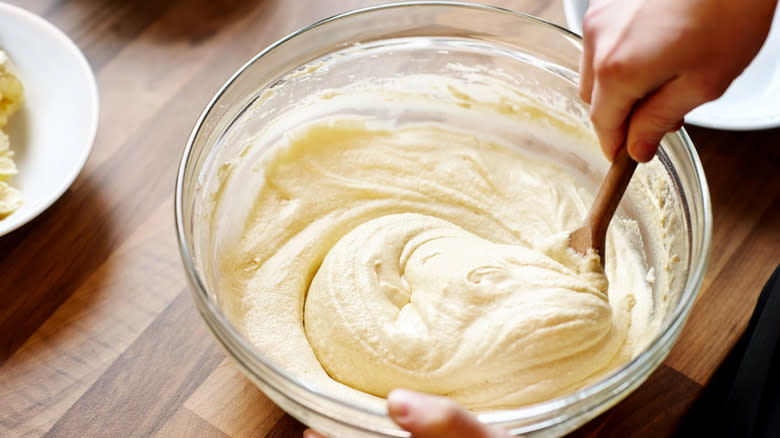 Mixing cake mix with spoon