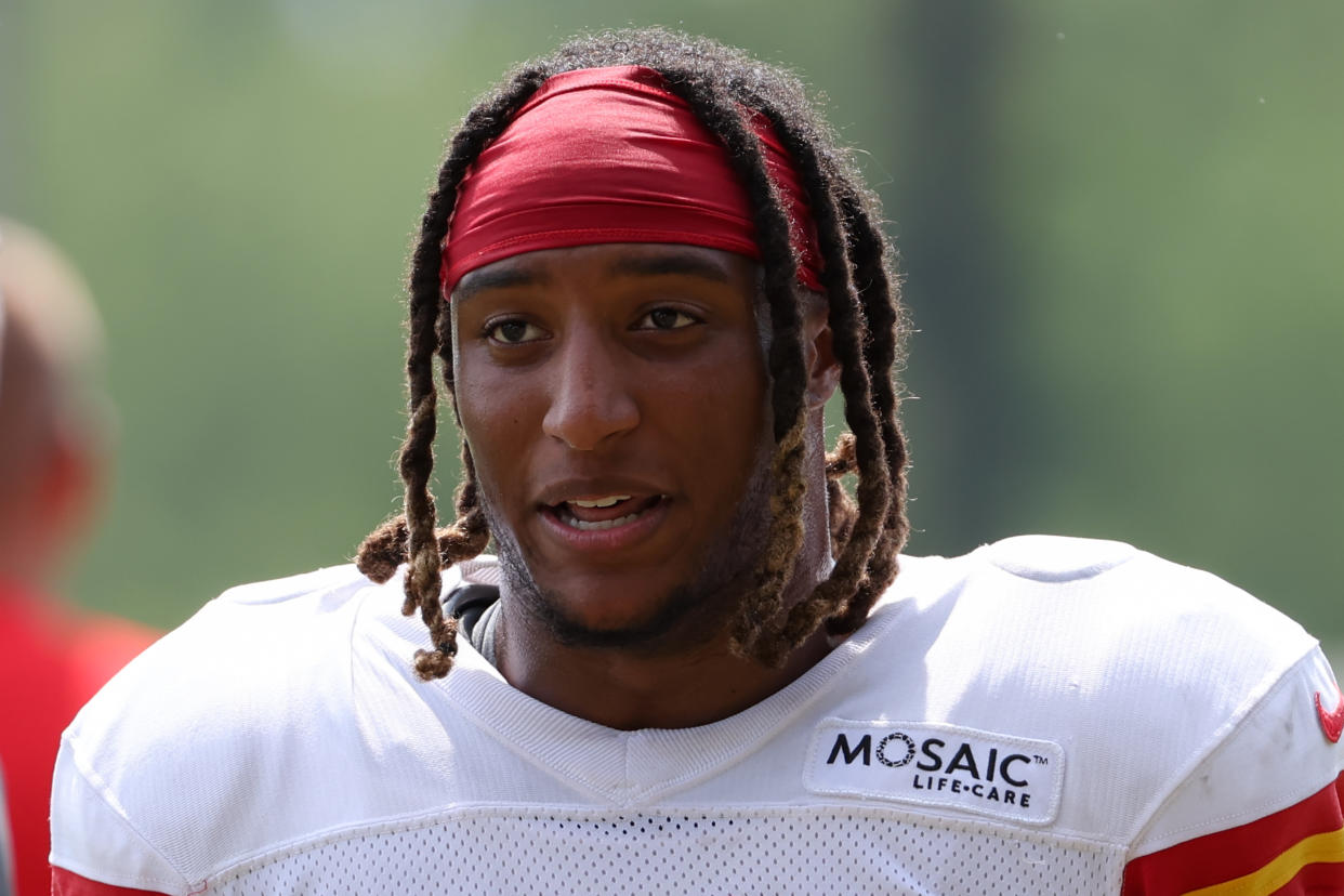 ST. JOSEPH, MO - AUGUST 07: Kansas City Chiefs safety Justin Reid (20) during training camp on August 7, 2022 at Missouri Western State University in St. Joseph, MO. (Photo by Scott Winters/Icon Sportswire via Getty Images)