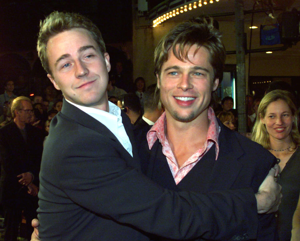 Actors Edward Norton (L) and Brad Pitt, stars of the new drama film 