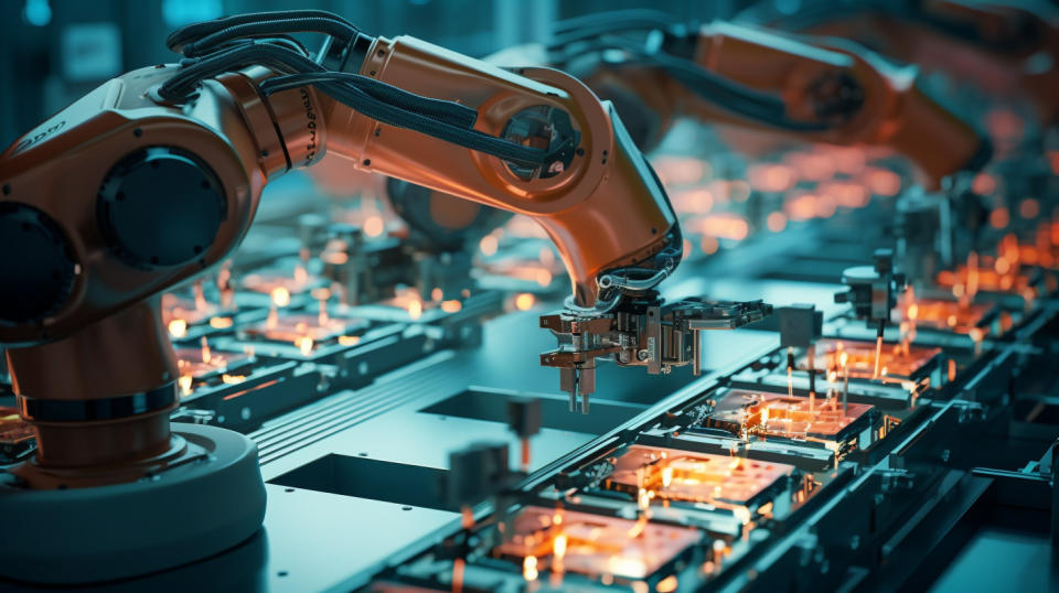 A high-tech production line of robotic arms assembling a semiconductor chip.