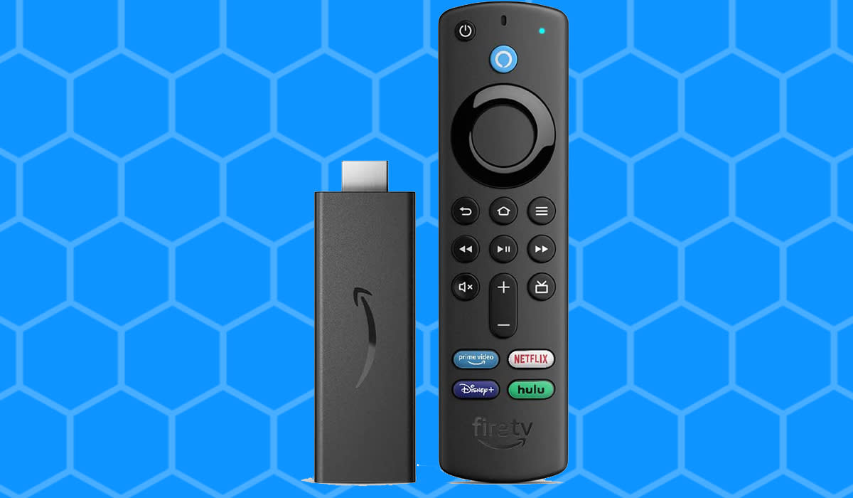 An Amazon Fire TV Stick HD streaming stick in front of a blue hexagon background. 