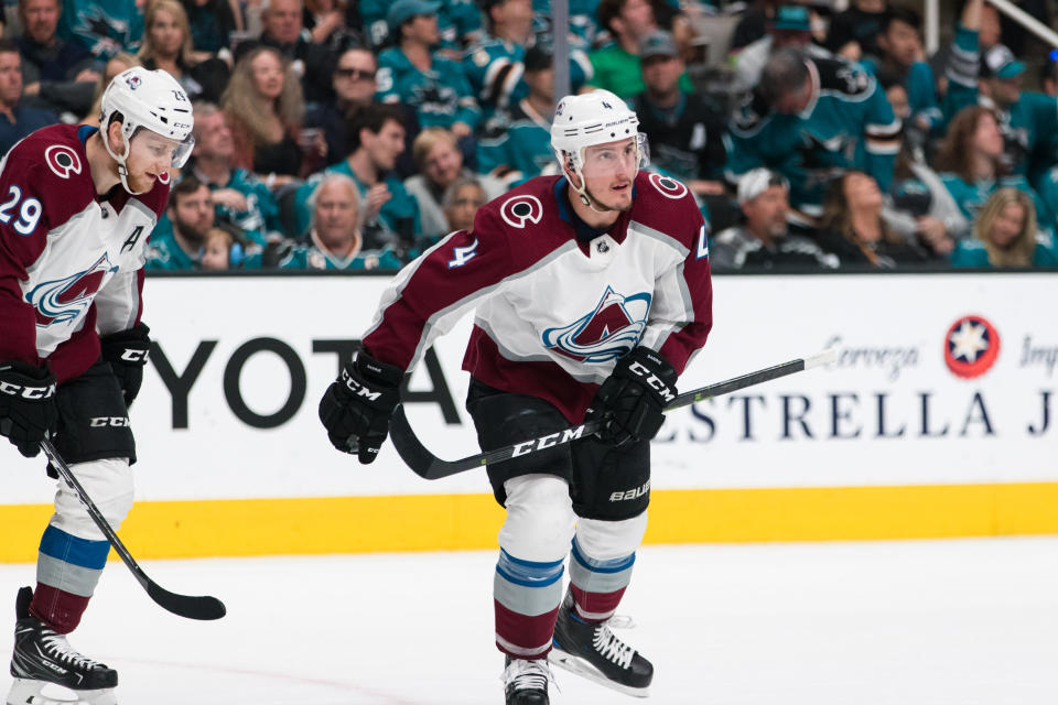 Apr 28, 2019; San Jose, CA, USA; Colorado Avalanche defenseman Tyson Barrie (4) celebrates scoring a goal against the San Jose Sharks in the second period of game two of the second round of the 2019 Stanley Cup Playoffs at SAP Center at San Jose. Mandatory Credit: John Hefti-USA TODAY Sports