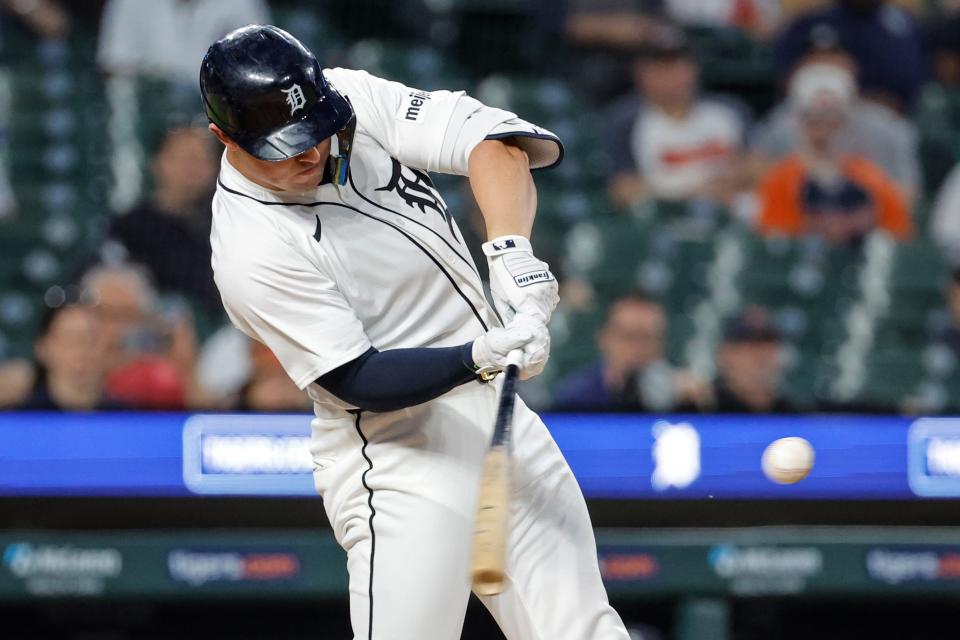 Detroit Tigers first base Spencer Torkelson (20) hits a two-run home run in the eighth inning against the Miami Marlins at Comerica Park in Detroit on Monday, May 13, 2024.