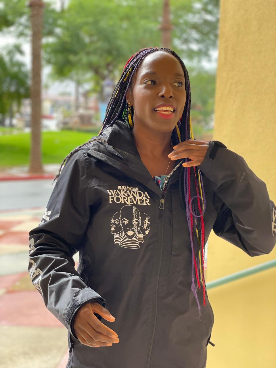 Cathedral City resident Janeshia Adams-Ginyard shows off her "Black Panther: Wakanda Forever" jacket.