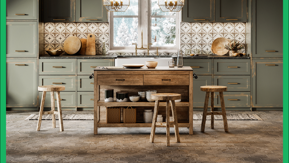 a kitchen with a table and chairs