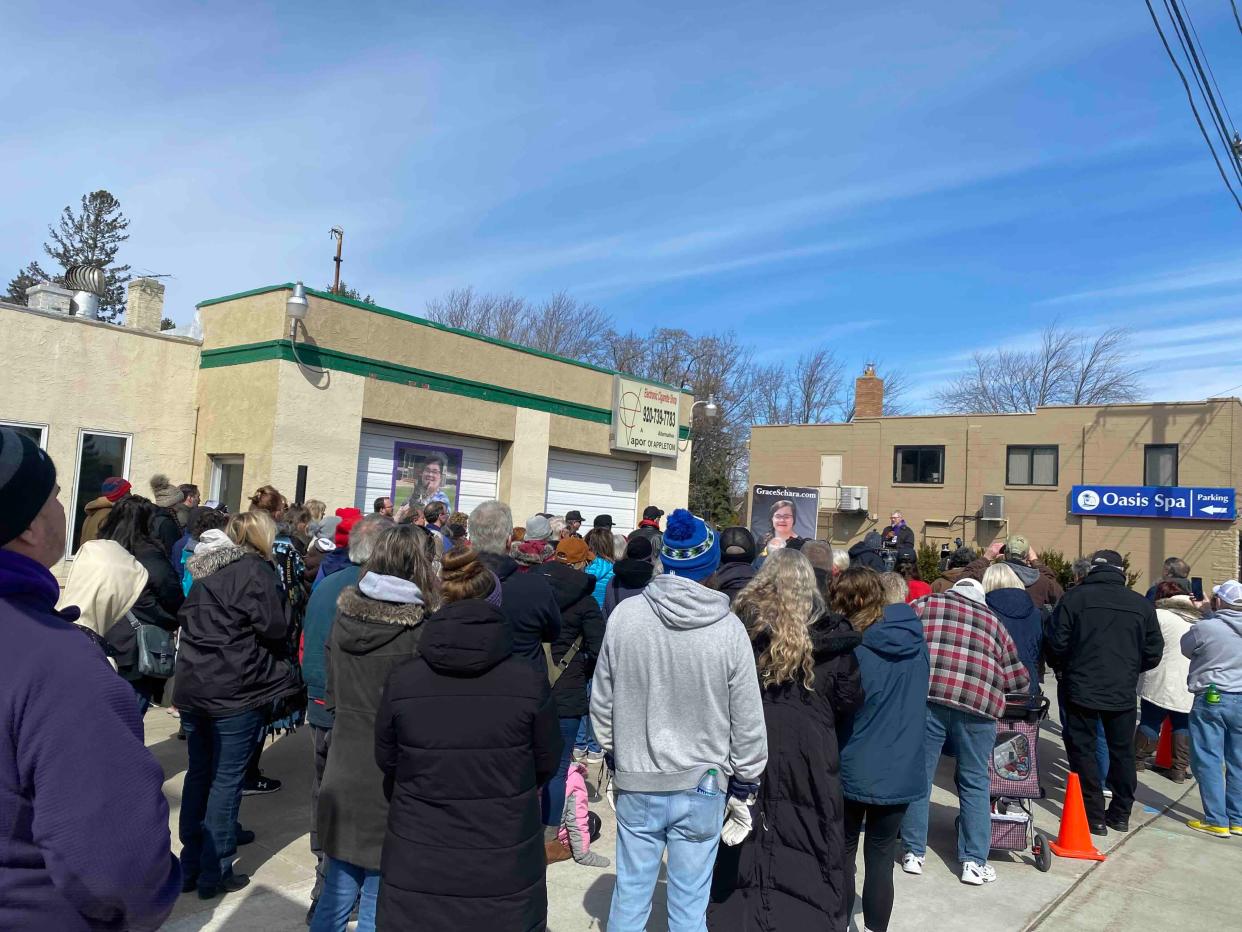 Scott Schara speaks at a rally and news conference for his daughter, Grace Schara, across the street from Ascension St. Elizabeth Hospital in Appleton March 30.