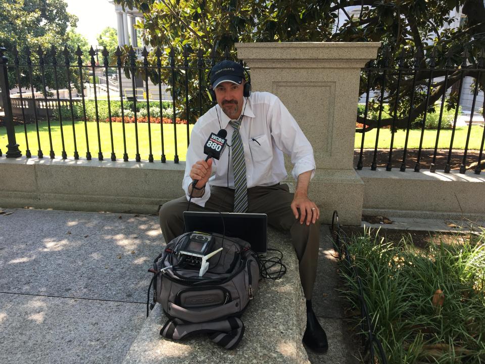 Peter Haskell, a former reporter for WBCS 880 Newsradio in New York, works outside the White House in Washington, D.C. after former President Donald Trump signed the reauthorization of the September 11th Victim Compensation Fund in 2019.